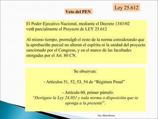 Ley 25.612
Veto del PEN
El Poder Ejecutivo Nacional, mediante el Decreto 1343/02
vetó parcialmente el Proyecto de LEY 25.612
Al mismo tiempo, promulgó el resto de la norma considerando que
la aprobación parcial no alteran el espíritu ni la unidad del proyecto
sancionado por el Congreso, y en el marco de las facultades
otorgadas por el Art. 80 CN.
Se observan:
- Artículos 51, 52, 53, 54 de “Régimen Penal”
- Artículo 60, primer párrafo:
“Derógase la Ley 24.051 y toda norma o disposición que se
oponga a la presente”.
Dra. Silvia Nonna
 