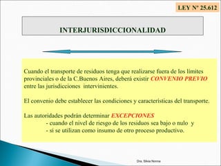 INTERJURISDICCIONALIDAD
Cuando el transporte de residuos tenga que realizarse fuera de los límites
provinciales o de la C.Buenos Aires, deberá existir CONVENIO PREVIO
entre las jurisdicciones intervinientes.
El convenio debe establecer las condiciones y características del transporte.
Las autoridades podrán determinar EXCEPCIONES
- cuando el nivel de riesgo de los residuos sea bajo o nulo y
- si se utilizan como insumo de otro proceso productivo.
LEY Nº 25.612
Dra. Silvia Nonna
 