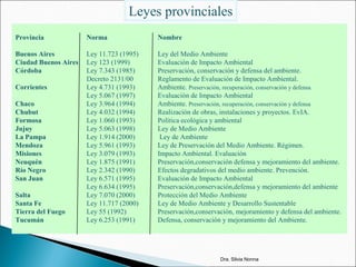 Leyes provinciales
Provincia Norma Nombre
Buenos Aires Ley 11.723 (1995) Ley del Medio Ambiente
Ciudad Buenos Aires Ley 123 (1999) Evaluación de Impacto Ambiental
Córdoba Ley 7.343 (1985) Preservación, conservación y defensa del ambiente.
Decreto 2131/00 Reglamento de Evaluación de Impacto Ambiental.
Corrientes Ley 4.731 (1993) Ambiente. Preservación, recuperación, conservación y defensa.
Ley 5.067 (1997) Evaluación de Impacto Ambiental
Chaco Ley 3.964 (1994) Ambiente. Preservación, recuperación, conservación y defensa
Chubut Ley 4.032 (1994) Realización de obras, instalaciones y proyectos. EvIA.
Formosa Ley 1.060 (1993) Política ecológica y ambiental
Jujuy Ley 5.063 (1998) Ley de Medio Ambiente
La Pampa Ley 1.914 (2000) Ley de Ambiente
Mendoza Ley 5.961 (1993) Ley de Preservación del Medio Ambiente. Régimen.
Misiones Ley 3.079 (1993) Impacto Ambiental. Evaluación
Neuquén Ley 1.875 (1991) Preservación,conservación defensa y mejoramiento del ambiente.
Río Negro Ley 2.342 (1990) Efectos degradativos del medio ambiente. Prevención.
San Juan Ley 6.571 (1995) Evaluación de Impacto Ambiental
Ley 6.634 (1995) Preservación,conservación,defensa y mejoramiento del ambiente
Salta Ley 7.070 (2000) Protección del Medio Ambiente
Santa Fe Ley 11.717 (2000) Ley de Medio Ambiente y Desarrollo Sustentable
Tierra del Fuego Ley 55 (1992) Preservación,conservación, mejoramiento y defensa del ambiente.
Tucumán Ley 6.253 (1991) Defensa, conservación y mejoramiento del Ambiente.
e la Ley 6.253
Dra. Silvia Nonna
 