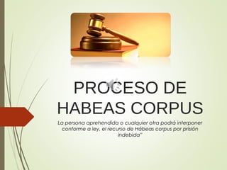 PROCESO DE
HABEAS CORPUS
La persona aprehendida o cualquier otra podrá interponer
conforme a ley, el recurso de Hábeas corpus por prisión
indebida”
 