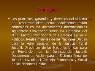 Principios Los principios, garantías y derechos del sistema de responsabilidad penal adolesente están contenidos en los instrumentos internacionales siguientes: Convención sobre los Derechos del Niño, Pacto Internacional de Derechos Civiles y Políticos, Reglas mínimas de las Naciones Unidas para la Administración de la Justicia Penal Juvenil, Directrices de las Naciones Unidas para la Prevención de la Delincuencia Juvenil, Documento de Acción para el Sistema Penal de Justicia Juvenil del Consejo Económico y Social de las Naciones Unidas. 