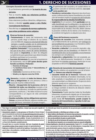 1. DERECHO DE SUCESIONES
Concepto (Sucesión mortis causa):
•	 Es un fenómeno generado por la muerte de una
persona.
•	 Tras su muerte, todas sus relaciones jurídicas
quedan sin titular.
•	 Estas relaciones jurídicas (derechos, obligaciones,
bienes y deudas) pueden pasar a otra titular
(normalmente familiares).
•	 Para ello hay un conjunto de normas supletorias
que evitan problemas entre subjetos.
DERECHO DE ACREECER* DERECHO DE REPRESENTACIÓN (924 CC)
- Tiene lugar en sucesiones legitimas, siempre que una parte repudie la
herencia. Requisitos y tipos:
•	Llamamiento conjunto: 2 o más personas son llamadas al mismo tiempo
para latrasmisióndeunaherenciasinespecialdesignacióndelaspartes.
•	Porción vacante: 1 de ellos debe fallecer antes que el testador renuncie
a la herencia o sea incapaz de recibirla. Así pues, la premoriencia, la re-
nunciaolaincapacidaddeterminanelnacimientodelderechodeacrecer
en favor de los llamados cumulativamente.
•	No puede darse en sucesión intestada, dado que el pariente de grado
mas próximo excluye al mas remoto (excepto en representaciones).
•	Reglaparaestablecerlacuantíadelaslegitimas:Enprincipioesfija(2/3)
para la hijos o descendientes y variable para los ascendientes (1/3 o 1/2
según haya o no cónyuge).
- Es el derecho que tienen los parientes de una persona para sucederle en todos sus
derechos.
•	En sucesión intestada: se distribuye por estirpes y se rige:
1.	 Quien hubiera sido llamado a la herencia haya premuerto al causante o no haya
podido sucederle por estar incurro en causa de indignidad.
2.	 Que sea descendiente de quien no pudo heredar.
3.	 Sea hijo de uno de los hermanos del causante, en concurrencia con sus tíos.
4.	 Que sobreviva al causante y no se encuentre incurro en causa de indignidad.
•	 Sistema legitimario y derecho de representación: Según el C.C. no podrá represen-
tarse a una persona viva sino en los casos de desheredacion o incapacidad. Solo se
puede desheredad a quienes tienen la condición de legitimados.
-En estos casos, los hijos o descendientes del desheredado ocuparan su lugar y con-
servaran los derechos de herederos forzosos respecto a la legitima (857 CC).
-Si el excluido de la herencia por incapacidad fuera un hijo o descendiente del testa-
dorytuvierehijosodescendientes,adquierenestossuderechoalalegitima(761CC).
1
Diversas formas de sucesión:
•	 Testamentaria: A través del testamento toda
persona puede elegir el destino de sus bienes
una vez fallecido. Impera la voluntad del fallecido
siempre y cuando cumpla con lo estrictamente
legal (p. e. no vulnere reglas imperativas).
•	 Legítima (intestada)**: es la porción de lo bie-
nes que la ley dicta a favor de ciertos familiares.
Esta pauta es imperativa, es decir de obligado
cumplimiento para garantizan que determinados
familiares participen en la sucesión.
•	 Sucesión Ab Intestato: En caso de la inexistencia
de testamento, será la LEY quien decida quien
herede sus bienes. Prelación:
•	 Favorece al cónyuge.
•	 Y a familiares linea recta: 1º descendientes, 2º
ascendientes.
•	 Colaterales (inexistencia de linea recta).
•	 Estado y en algunos casos las CCAA.
2
Herencia = traslado de todos los bienes, dere-
chos y obligaciones de una persona a otras a
causa de muerte o fallecimiento.
•	 Muerte = desaparición de la persona y de la ti-
tularidad de todos sus derechos (excepto el de
memoria a los difuntos), incluido los patrimoniales
(pensiones, usufructo...). No debe incluirse la suma
correspondiente a un seguro de vida contratado
por el causante.
•	 Quedan excluidas ciertas obligaciones persona-
lisimas: acciones de filiación, algunas morales, pro-
tección del honor, intimidad o la propia imagen...
Ruiz & Prieto Asesores | www.ruizprietoasesores.es
3
El patrimonio del causante y el caudal relicto no
pueden coincidir en términos estrictos. Los suce-
sores pueden ser:
•	 Herederos o universales. Adquieren ipsodurela po-
sesión civilísima de los bienes hereditarios y la condi-
ción de heredero implica la aceptación del instituido.
Es responsable de las deudas hereditarias.
•	 Legatarios: Es un sucesor a titulo particular que re-
sulta beneficiado por la atribución a su persona de
un determinado bien (específico) o derecho (no es
responsable de las deudas). Para ello, deben solicitar
la posesión civilísima de los bienes a los herederos y
la condición de legatario se adquiere ipso dure.
4Fases del fenómeno sucesorio:
•	 Apertura de sucesión: Este momento coincide
con el fallecimiento de la persona, que extingue la
personalidad de esa persona y sus herederos obtie-
nen todas sus relaciones jurídicas.
•	 Vocación y delación*: La vocación equivale a de-
terminar quien son los herederos y la delación a la
manifestación de si se ha aceptado o no la herencia
(no siempre son simultáneos).
•	 Aceptación y adquisición: Una vez aceptada, pa-
sa(n) a ser definitivamente heredero(s) y a tener
que hacer los trámites oportunos. Hasta que no sea
aceptada se denomina herencia yacente.
5
Derecho de transmisión (iristransmissionis)*: Es el
derecho relativo a la aceptación o no de la heren-
cia. Genera una relación triangular:
•	 Causante inicial de la herencia: Habiendo sido
la herencia deferida al heredero intermedio, no ha
sido aceptada ni repudiada por el causante inicial
con anterioridad a su fallecimiento. El ejercicio de la
delación queda así en suspenso.
•	 Trasmitente: Dado su fallecimiento, en su herencia
se integra también el derecho de delación relativo
a la herencia anterior.
•	 Transmisario: Puede ejercitar todas las facultades
inherentes al patrimonio dejado por el transmiten-
te y, puede aceptar o repudiar la herencia del cau-
sante inicial. El Transmisario, puede aceptar la
herencia del transmitente y repudiar la del cau-
sante inicial.
@eruizprieto
 