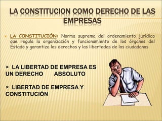 LA CONSTITUCION COMO DERECHO DE LAS
EMPRESAS
 LA CONSTITUCIÓN: Norma suprema del ordenamiento jurídico
que regula la organización y funcionamiento de los órganos del
Estado y garantiza los derechos y las libertades de los ciudadanos
 LA LIBERTAD DE EMPRESA ES
UN DERECHO ABSOLUTO
 LIBERTAD DE EMPRESA Y
CONSTITUCIÓN
 