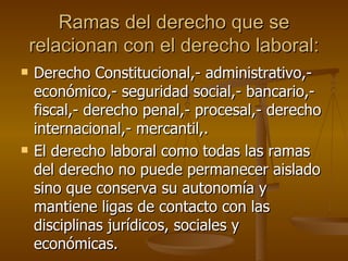 Ramas del derecho que se relacionan con el derecho laboral: Derecho Constitucional,- administrativo,- económico,- seguridad social,- bancario,- fiscal,- derecho penal,- procesal,- derecho internacional,- mercantil,.  El derecho laboral como todas las ramas del derecho no puede permanecer aislado sino que conserva su autonomía y mantiene ligas de contacto con las disciplinas jurídicos, sociales y económicas. 