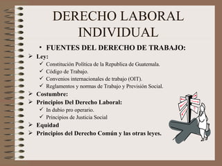 DERECHO LABORAL INDIVIDUAL FUENTES DEL DERECHO DE TRABAJO: Ley: Constitución Política de la Republica de Guatemala. Código de Trabajo. Convenios internacionales de trabajo (OIT). Reglamentos y normas de Trabajo y Previsión Social. Costumbre: Principios Del Derecho Laboral:   In dubio pro operario. Principios de Justicia Social Equidad Principios del Derecho Común y las otras leyes.  