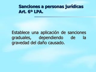 Sanciones a personas jurídicas  Art. 6º LPA. Establece una aplicación de sanciones graduales, dependiendo de la gravedad del daño causado. 