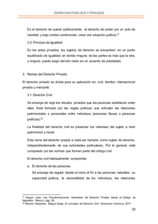 20
DERECHO PÚBLICO Y PRIVADO
Es el derecho de querer jurídicamente, el derecho de poder por un acto de
voluntad y bajo ciertas condiciones, crear una situación jurídica.21
2.2. Principio de Igualdad
En los actos privados, los sujetos de derecho se encuentran en un punto
equilibrado de igualdad, en donde ninguna de las partes es más que la otra,
y ninguno puede exigir del otro nada sin un acuerdo de voluntades.
3. Ramas del Derecho Privado
El derecho privado se divide para su aplicación en: civil, familiar, internacional
privado y mercantil.
3.1. Derecho Civil
Se encarga de regir los vínculos privados que las personas establecen entre
ellas. Está formado por las reglas jurídicas que articulan las relaciones
patrimoniales o personales entre individuos (personas físicas o personas
jurídicas).22
La finalidad del derecho civil es preservar los intereses del sujeto a nivel
patrimonial y moral.
Esta rama del derecho acepta a cada ser humano como sujeto de derecho,
independientemente de sus actividades particulares. Por lo general, está
compuesto por las normas que forman parte del código civil.
El derecho civil habitualmente comprende:
a. El derecho de las personas
Se encarga de regular desde el inicio al fin a las personas naturales, su
capacidad jurídica, la nacionalidad de los individuos, las relaciones
21 Duguit, León, Las Transformaciones Generales del Derecho Privado desde el Código de
Napoleón, México, pág. 36.
22 Moreno Navarrete, Miguel Ángel, El concepto de Derecho Civil. Dimensión histórica, 2017.
 