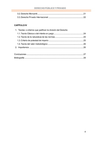 4
DERECHO PÚBLICO Y PRIVADO
3.2. Derecho Mercantil...........................................................................................21
3.3. Derecho Privado Internacional .....................................................................22
CAPÍTULO IV
1. Teorías o criterios que justifican la división del Derecho
1.1. Teoría Clásica o del interés en juego ..........................................................24
1.2. Teoría de la naturaleza de las normas........................................................25
1.3. Criterio de potestad de imperio ....................................................................25
1.4. Teoría del valor metodológico ......................................................................26
2. Importancia ...........................................................................................................26
Conclusiones ................................................................................................................27
Bibliografía ....................................................................................................................28
 
