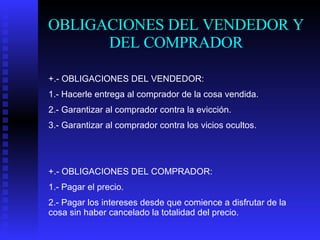 OBLIGACIONES DEL VENDEDOR Y DEL COMPRADOR +.- OBLIGACIONES DEL VENDEDOR: 1.- Hacerle entrega al comprador de la cosa vendida. 2.- Garantizar al comprador contra la evicción. 3.- Garantizar al comprador contra los vicios ocultos. +.- OBLIGACIONES DEL COMPRADOR: 1.- Pagar el precio. 2.- Pagar los intereses desde que comience a disfrutar de la cosa sin haber cancelado la totalidad del precio. 