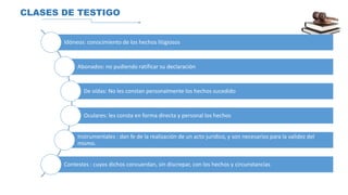CLASES DE TESTIGO
Idóneos: conocimiento de los hechos litigiosos
Abonados: no pudiendo ratificar su declaración
De oídas: No les constan personalmente los hechos sucedido
Oculares: les consta en forma directa y personal los hechos
Instrumentales : dan fe de la realización de un acto jurídico, y son necesarios para la validez del
mismo.
Contestes : cuyos dichos concuerdan, sin discrepar, con los hechos y circunstancias
 