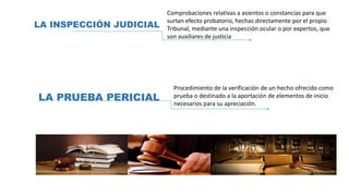 LA INSPECCIÓN JUDICIAL
Comprobaciones relativas a asientos o constancias para que
surtan efecto probatorio, hechas directamente por el propio
Tribunal, mediante una inspección ocular o por expertos, que
son auxiliares de justicia
LA PRUEBA PERICIAL
Procedimiento de la verificación de un hecho ofrecido como
prueba o destinado a la aportación de elementos de inicio
necesarios para su apreciación.
 