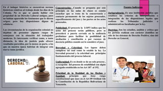 En el indagar histórico se encuentran normas
históricas relativas al trabajo desde los días de la
Colonia. No es que se pueda hablar con
propiedad de un Derecho Laboral antiguo, pues
no habían aparecido los fenómenos que le dieron
origen; pero hay disposiciones dignas de
señalarse.
Las circunstancias de la organización colonial no
dejaban de presentar algunos rasgos de
semejanza con la situación del trabajador
moderno. Es interesante verificar como, a tanta
distancia, la idea de justicia pudo ofrecer
resultados parecidos, por lo menos en parte, a los
que en nuestra época habrían de integrar esta
nueva rama jurídica.
Concentración: Cuando se pregunta por este
principio en las aulas de clases es común
escuchar que se trata de la concurrencia y
contacto permanente de los sujetos procesales,
específicamente del juez y las partes en los actos
procesales.
Publicidad: El proyecto la LOPT indica que los
actos del proceso serán públicos, pero se
procederá a puerta cerrada en la audiencia
preliminar para facilitar la posibilidad de
mediación y conciliación o por razones de
decencia pública cuando así lo considere el juez.
Brevedad y Celeridad: Los lapsos deben
cumplirse tal cual como lo estable la ley. La
brevedad procesal y la celeridad son principios
fundamentales del proceso laboral.
Uniformidad: Es en donde se da un solo proceso ,
a excepción del proceso de estabilidad con algún
agregado establecido en los Art 187 al 192.
Prioridad de la Realidad de los Hechos y
Equidad: principio que tiene rango
constitucional que nace en el Art 89 Ordinal 1de
la Constitución de la Republica Bolivariana de
Venezuela.
Fuentes Indirectas
Jurisprudencia: Es una institución jurídica que
establece los criterios de interpretación o
integración de las disposiciones legales que
realizan los Tribunales judiciales o
administrativos facultados por la ley.
Doctrina: Son los estudios, análisis y crítica que
los juristas realizan con carácter científico no
sólo de los sistemas de Derecho Positivo, sino del
Derecho en General.
 