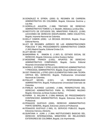 30.GONZALEZ R. EFREN. (2000) EL REGIMEN DE CARRERA
   ADMINISTRATIVA EN COLOMBIA, Bogotá, Ediciones Doctrina y
   Ley ltda.
31.GORDILLO AGUSTIN, (1.998) TRATADO DE DERECHO
   ADMINISTRATIVO TOMOS I y II, Medellín, Biblioteca Jurídica Dike.
32.INSTITUTO DE ESTUDIOS DEL MINISTERIO PÚBLICO, (2.006)
   LECCIONES DE DERECHO DISCIPLINARIO, OBRA COLECTIVA,
   Bogotá, Imprenta Nacional de Colombia.
33.KELLY EAMON (2006) LA DECADA DECISIVA, Bogotá, Grupo
   Editorial Norma.
34.LEY DE REGIMEN JURÍDICO DE LAS ADMINISTRACIONES
   PÚBLICAS Y DEL PROCEDIMIENTO ADMINISTRATIVO COMÚN
   (1.993) Madrid España, Editorial Civitas S.A.
35.LEY 489 DE 1.998
36.MADRIÑAN R. RAMON E. (1.997) EL ESTADO SOCIAL DE
   DERECHO, Bogotá, Ediciones Jurídica Gustavo Ibañez.
37.MODERNE FRANCK (2.002), APUNTES DE DERECHO
   ADMINISTRATIVO COMPARADO, Bogotá, Centro Editorial
   Rosarista Universidad del Rosario.
38.MORA C. ESTEBAN Y OTRO (2.000) DERECHO ADMINISTRATIVO
   Y PROCESAL ADMINISTRATIVO. Bogotá, Grupo Editorial Leyer.
39.OST FRANCOIS, y OTRO (2001) ELEMENTOS PARA UNA TEORÍA
   CRÍTICA DEL DERECHO, Bogotá, Publicaciones Universidad
   Nacional de Colombia.
40.PAILLET      MICHEL      (2.001)          LA  RESPONSABILIDAD
   ADMINISTRATIVA, Bogotá, Publicaciones Universidad Externado de
   Colombia.
41.PAREJO ALFONSO LUCIANO, (1.998), PERSPECTIVAS DEL
   DERECHO ADMINISTRATIVO PARA EL PRÓXIMO MILENIO
   Bogotá, Ediciones Jurídicas Gustavo Ibañez.
42.PARRA G. WILLIAN R. (1.994) MANUAL DE PROCEDIMIENTO
   CONTENCIOSO ADMINISTRATIVO, Bogotá, Ediciones librería El
   Profesional.
43.PENAGOS GUSTAVO (2000), DERECHO ADMINISTRATIVO
   PARTE GENERAL, Bogotá, Ediciones Librería el Profesional.
44.PENAGOS GUSTAVO (1.995), EL SERVICIO PÚBLICO, Bogotá,
   Ediciones Ciencia y Derecho.
45.QUINTANA A. JUAN J. (1.994) INSTITUCIONES BASICAS DEL
   DERECHO INTERNACIONAL MINISTERIO DE RELACIONES
   EXTERIORES DE COLOMBIA, Bogotá, Lito Imprimiendo.
 