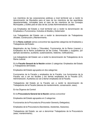 Los miembros de las corporaciones públicas a nivel territorial van a recibir la
denominación de Diputados para el caso de los miembros de las asambleas
departamentales, concejales para el caso de los miembros de los Consejos
Municipales, y Ediles para el caso de las Juntas Administradoras Locales.

Los Empleados del Estado a nivel territorial van a recibir la denominación de
Empleados o Funcionarios. Incluidos el Alcalde y Gobernador

Los Trabajadores del Estado van a recibir la denominación de Trabajadores
oficiales. Construcción y Mantenimiento.

En la Rama Judicial vamos a encontrar las siguientes categorías de Empleados y
Trabajadores del Estado:

Magistrados de las Cortes y Tribunales), Funcionarios de la Rama (Jueces) y
Empleados de la Rama (subalternos de las Cortes, Tribunales y Juzgados, por
ejemplo secretarios, auxiliares, sustanciadores, relatores, notificadores).

Los trabajadores del Estado van a recibir la denominación de Trabajadores de la
Rama Judicial.

En la Fiscalía General de la Nación existen 2 categorías: Empleados del Estado
y Trabajadores del Estado.

Empleados del Estado agrupados en dos categorías:

Funcionarios de la Fiscalía y empleados de la Fiscalía. Los funcionarios de la
Fiscalía van a ser los fiscales y los demás empleados de la Fiscalía (CTI,
Administración, Auxiliares) se van a llamar empleados de la Fiscalía.

Trabajadores del Estado en la Fiscalía van a recibir la denominación de
Trabajadores de la Fiscalía (labores de mantenimiento, conservación, aseo).

En los Órganos de Control:

En la Procuraduría General de la Nación vamos a encontrar

Empleados del Estado agrupados en 2 categorías:

Funcionarios de la Procuraduría (Procurador General y Delegados).

Empleados de la Procuraduría (Secretarias, Asistentes, Asesores).

Trabajadores del Estado: se van a denominar Trabajadores de la Procuraduría
(aseo, mantenimiento).
 