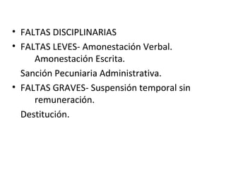 • FALTAS DISCIPLINARIAS 
• FALTAS LEVES- Amonestación Verbal. 
Amonestación Escrita. 
Sanción Pecuniaria Administrativa. 
• FALTAS GRAVES- Suspensión temporal sin 
remuneración. 
Destitución. 
 