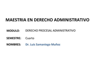 MAESTRIA EN DERECHO ADMINISTRATIVO 
MODULO: 
SEMESTRE: Cuarto 
NOMBRES: 
DERECHO PROCESAL ADMINISTRATIVO 
Dr. Luis Samaniego Muñoz 
 