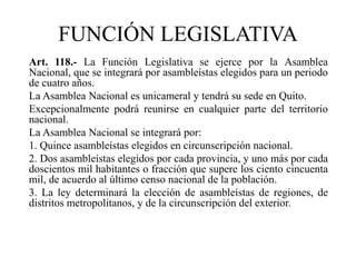 Art. 118.- La Función Legislativa se ejerce por la Asamblea
Nacional, que se integrará por asambleístas elegidos para un periodo
de cuatro años.
La Asamblea Nacional es unicameral y tendrá su sede en Quito.
Excepcionalmente podrá reunirse en cualquier parte del territorio
nacional.
La Asamblea Nacional se integrará por:
1. Quince asambleístas elegidos en circunscripción nacional.
2. Dos asambleístas elegidos por cada provincia, y uno más por cada
doscientos mil habitantes o fracción que supere los ciento cincuenta
mil, de acuerdo al último censo nacional de la población.
3. La ley determinará la elección de asambleístas de regiones, de
distritos metropolitanos, y de la circunscripción del exterior.
FUNCIÓN LEGISLATIVA
 