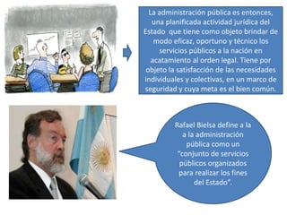 La administración pública es entonces,
una planificada actividad jurídica del
Estado que tiene como objeto brindar de
modo eficaz, oportuno y técnico los
servicios públicos a la nación en
acatamiento al orden legal. Tiene por
objeto la satisfacción de las necesidades
individuales y colectivas, en un marco de
seguridad y cuya meta es el bien común.
Rafael Bielsa define a la
a la administración
pública como un
“conjunto de servicios
públicos organizados
para realizar los fines
del Estado”.
 