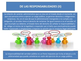 DE LAS RESPONSABILIDADES (II)
La relación de carácter administrativo que se crea con el Estado desde el momento en
que una persona entra a ejercer un cargo público, se generan derechos y obligaciones
recíprocas. Así, en el caso de que la administración transgreda o no cumpla una
obligación, el servidor tiene el derecho de reclamar. De igual manera si es el servidor el
que incumple sus deberes, el Estado tiene del derecho de señalar la responsabilidad y
de obligar al remiso de la legalidad a responder por el daño que eventualmente puede
haber ocasionado o simplemente a imponer la sanción por la conducta ilegal detectada.
La responsabilidad del servidor público es un freno impuesto por la ley al abuso y a la
arbitrariedad que puede cometerse en razón del ejercicio de un cargo público.
 