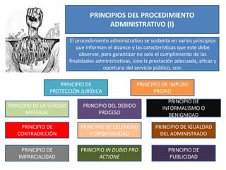 PRINCIPIOS DEL PROCEDIMIENTO
ADMINISTRATIVO (I)
El procedimiento administrativo se sustenta en varios principios
que informan el alcance y las características que este debe
observar, para garantizar no solo el cumplimiento de las
finalidades administrativas, sino la prestación adecuada, eficaz y
oportuna del servicio público, son:
PRINCIPIO DE
PROTECCIÓN JURÍDICA
PRINCIPIO DE IMPUSO
PROPIO
PRINCIPIO DE LA VERDAD
MATERIAL
PRINCIPIO DEL DEBIDO
PROCESO
PRINCIPIO DE
INFORMALISMO O
BENIGNIDAD
PRINCIPIO DE
CONTRADICCIÓN
PRINCIPIO DE CELERIDAD
Y OPORTUNIDAD
PRINCIPIO DE IGUALDAD
DEL ADMINISTRADO
PRINCIPIO DE
PUBLICIDAD
PRINCIPIO IN DUBIO PRO
ACTIONE
PRINCIPIO DE
IMPARCIALIDAD
 