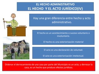 EL HECHO ADMINISTRATIVO
EL HECHO Y EL ACTO JURÍDICO(IV)
Hay una gran diferencia entre hecho y acto
administrativo.
El hecho es un acontecimiento o suceso voluntario o
involuntario.
El hecho es una exteriorización material
El acto es una declaración de voluntad.
El acto es una exteriorización intelectual.
Ordenar el derrocamiento de una casa por parte del Municipio es un acto; y derrocar la
casa, es un hecho que produce efectos jurídicos.
 