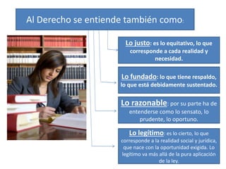 Al Derecho se entiende también como:
Lo justo: es lo equitativo, lo que
corresponde a cada realidad y
necesidad.
Lo fundado: lo que tiene respaldo,
lo que está debidamente sustentado.
Lo razonable: por su parte ha de
entenderse como lo sensato, lo
prudente, lo oportuno.
Lo legítimo: es lo cierto, lo que
corresponde a la realidad social y jurídica,
que nace con la oportunidad exigida. Lo
legítimo va más allá de la pura aplicación
de la ley.
 