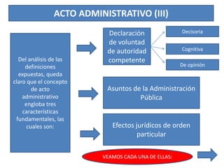 ACTO ADMINISTRATIVO (III)
Del análisis de las
definiciones
expuestas, queda
claro que el concepto
de acto
administrativo
engloba tres
características
fundamentales, las
cuales son:
Declaración
de voluntad
de autoridad
competente
Asuntos de la Administración
Pública
Efectos jurídicos de orden
particular
VEAMOS CADA UNA DE ELLAS:
Decisoria
Cognitiva
De opinión
 