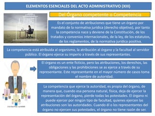 ELEMENTOS ESENCIALES DEL ACTO ADMINISTRATIVO (XIII)
Del Órgano competente o Competencia
Es el conjunto de atribuciones que tiene un órgano por
mandato de la normativa jurídica (derecho objetivo), por tanto
la competencia nace y deviene de la Constitución, de los
tratados y convenios internacionales, de la ley, de los estatutos,
de los reglamentos, de la normativa jurídica positiva.
La competencia está atribuida al organismo, la atribución al órgano y la facultad al servidor
público. El órgano ejerce su imperio a través de sus representantes.
El órgano es un ente ficticio, pero las atribuciones, los derechos, las
obligaciones y las prohibiciones se as ejerce a través de su
representante. Este representante en el mayor número de casos toma
el nombre de autoridad.
La competencia que ejerce la autoridad, es propia del órgano, de
manera que, cuando esa persona natural, física, deja de ejercer la
representación del órgano, pierde todas las potestades. El órgano ni
puede ejercer por ningún tipo de facultad, quienes ejercen las
atribuciones son las autoridades. Cuando él o los representantes del
órgano no ejercen sus potestades, el órgano no tiene razón de ser.
 