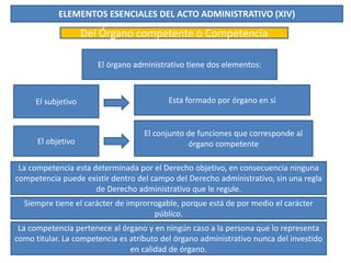 ELEMENTOS ESENCIALES DEL ACTO ADMINISTRATIVO (XIV)
Del Órgano competente o Competencia
El órgano administrativo tiene dos elementos:
El subjetivo
El objetivo
Esta formado por órgano en sí
El conjunto de funciones que corresponde al
órgano competente
La competencia esta determinada por el Derecho objetivo, en consecuencia ninguna
competencia puede existir dentro del campo del Derecho administrativo, sin una regla
de Derecho administrativo que le regule.
Siempre tiene el carácter de improrrogable, porque está de por medio el carácter
público.
La competencia pertenece al órgano y en ningún caso a la persona que lo representa
como titular. La competencia es atributo del órgano administrativo nunca del investido
en calidad de órgano.
 