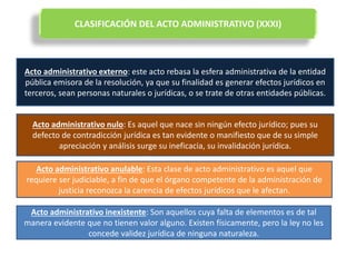 CLASIFICACIÓN DEL ACTO ADMINISTRATIVO (XXXI)
Acto administrativo externo: este acto rebasa la esfera administrativa de la entidad
pública emisora de la resolución, ya que su finalidad es generar efectos jurídicos en
terceros, sean personas naturales o jurídicas, o se trate de otras entidades públicas.
Acto administrativo nulo: Es aquel que nace sin ningún efecto jurídico; pues su
defecto de contradicción jurídica es tan evidente o manifiesto que de su simple
apreciación y análisis surge su ineficacia, su invalidación jurídica.
Acto administrativo anulable: Esta clase de acto administrativo es aquel que
requiere ser judiciable, a fin de que el órgano competente de la administración de
justicia reconozca la carencia de efectos jurídicos que le afectan.
Acto administrativo inexistente: Son aquellos cuya falta de elementos es de tal
manera evidente que no tienen valor alguno. Existen físicamente, pero la ley no les
concede validez jurídica de ninguna naturaleza.
 