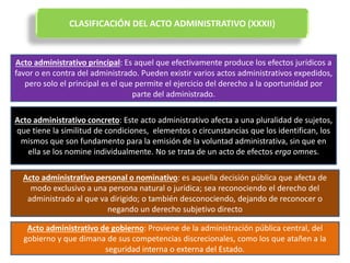 CLASIFICACIÓN DEL ACTO ADMINISTRATIVO (XXXII)
Acto administrativo principal: Es aquel que efectivamente produce los efectos jurídicos a
favor o en contra del administrado. Pueden existir varios actos administrativos expedidos,
pero solo el principal es el que permite el ejercicio del derecho a la oportunidad por
parte del administrado.
Acto administrativo concreto: Este acto administrativo afecta a una pluralidad de sujetos,
que tiene la similitud de condiciones, elementos o circunstancias que los identifican, los
mismos que son fundamento para la emisión de la voluntad administrativa, sin que en
ella se los nomine individualmente. No se trata de un acto de efectos erga omnes.
Acto administrativo personal o nominativo: es aquella decisión pública que afecta de
modo exclusivo a una persona natural o jurídica; sea reconociendo el derecho del
administrado al que va dirigido; o también desconociendo, dejando de reconocer o
negando un derecho subjetivo directo
Acto administrativo de gobierno: Proviene de la administración pública central, del
gobierno y que dimana de sus competencias discrecionales, como los que atañen a la
seguridad interna o externa del Estado.
 