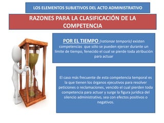 LOS ELEMENTOS SUBJETIVOS DEL ACTO ADMINISTRATIVO
RAZONES PARA LA CLASIFICACIÓN DE LA
COMPETENCIA
POR EL TIEMPO (rationae temporis) existen
competencias que sólo se pueden ejercer durante un
límite de tiempo, fenecido el cual se pierde toda atribución
para actuar
El caso más frecuente de esta competencia temporal es
la que tienen los órganos ejecutivos para resolver
peticiones o reclamaciones, vencido el cual pierden toda
competencia para actuar y surge la figura jurídica del
silencio administrativo, sea con efectos positivos o
negativos.
 