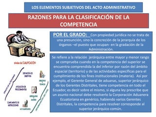 LOS ELEMENTOS SUBJETIVOS DEL ACTO ADMINISTRATIVO
RAZONES PARA LA CLASIFICACIÓN DE LA
COMPETENCIA
POR EL GRADO: Con propiedad jurídica no se trata de
una presunción, sino la concreción de la jerarquía de los
órganos –el puesto que ocupan- en la gradación de la
Administración.
Se refiere a la relación jerárquica entre mayor y menor rango
se comprueba cuando en la competencia del superior se
encuentra comprendida la del inferior por razón del ámbito
espacial (territorio) y de las actividades específicas para el
cumplimiento de los fines institucionales (materia). Así por
ejemplo, el Gerente General de aduanas, superior jerárquico
de los Gerentes Distritales, tiene competencia en todo el
Ecuador, es decir sobre el mismo, si alguna ley prescribe que
un asunto nacional debe resolverlo la Corporación Aduanera
Ecuatoriana en genérico, habiendo varios Gerentes
Distritales, la competencia para resolver corresponde al
superior jerárquico común.
 