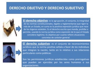 DERECHO OBJETIVO Y DERECHO SUBJETIVO
El derecho objetivo: es la agrupación, el conjunto, la integridad
de las normas constitucionales, legales y reglamentarias que rigen la
vida de un Estado, en suma es la positiva expresión jurídica que nace
de los órganos estatales. Es el derecho escrito que manda, prohíbe o
permite, usando la norma jurídica como expresión de lo que el Estado
considera legítimo. Es objetivo por cuanto refiere situaciones
concretas de carácter general.
El derecho subjetivo: es el conjunto de reconocimientos
jurídicos que la norma positiva señala a favor de los individuos
que integran la nación, tanto en lo relativo a sus relaciones
particulares como públicas.
Son las permisiones jurídicas establecidas como prerrogativas
que pueden ser ejercidas por los seres humanos o sus
organizaciones.
 