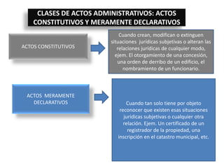 CLASES DE ACTOS ADMINISTRATIVOS: ACTOS
CONSTITUTIVOS Y MERAMENTE DECLARATIVOS
ACTOS CONSTITUTIVOS
Cuando crean, modifican o extinguen
situaciones jurídicas subjetivas o alteran las
relaciones jurídicas de cualquier modo,
ejem. El otorgamiento de una concesión,
una orden de derribo de un edificio, el
nombramiento de un funcionario.
ACTOS MERAMENTE
DECLARATIVOS Cuando tan solo tiene por objeto
reconocer que existen esas situaciones
jurídicas subjetivas o cualquier otra
relación. Ejem. Un certificado de un
registrador de la propiedad, una
inscripción en el catastro municipal, etc.
 