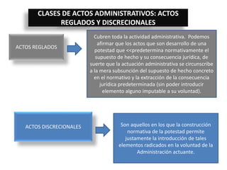 CLASES DE ACTOS ADMINISTRATIVOS: ACTOS
REGLADOS Y DISCRECIONALES
ACTOS REGLADOS
Cubren toda la actividad administrativa. Podemos
afirmar que los actos que son desarrollo de una
potestad que <<predetermina normativamente el
supuesto de hecho y su consecuencia jurídica, de
suerte que la actuación administrativa se circunscribe
a la mera subsunción del supuesto de hecho concreto
en el normativo y la extracción de la consecuencia
jurídica predeterminada (sin poder introducir
elemento alguno imputable a su voluntad).
ACTOS DISCRECIONALES Son aquellos en los que la construcción
normativa de la potestad permite
justamente la introducción de tales
elementos radicados en la voluntad de la
Administración actuante.
 