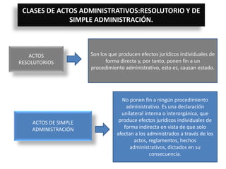 CLASES DE ACTOS ADMINISTRATIVOS:RESOLUTORIO Y DE
SIMPLE ADMINISTRACIÓN.
ACTOS
RESOLUTORIOS
Son los que producen efectos jurídicos individuales de
forma directa y, por tanto, ponen fin a un
procedimiento administrativo, esto es, causan estado.
ACTOS DE SIMPLE
ADMINISTRACIÓN
No ponen fin a ningún procedimiento
administrativo. Es una declaración
unilateral interna o interorgánica, que
produce efectos jurídicos individuales de
forma indirecta en vista de que solo
afectan a los administrados a través de los
actos, reglamentos, hechos
administrativos, dictados en su
consecuencia.
 