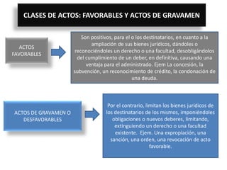CLASES DE ACTOS: FAVORABLES Y ACTOS DE GRAVAMEN
ACTOS
FAVORABLES
Son positivos, para el o los destinatarios, en cuanto a la
ampliación de sus bienes jurídicos, dándoles o
reconociéndoles un derecho o una facultad, desobligándolos
del cumplimiento de un deber, en definitiva, causando una
ventaja para el administrado. Ejem La concesión, la
subvención, un reconocimiento de crédito, la condonación de
una deuda.
ACTOS DE GRAVAMEN O
DESFAVORABLES
Por el contrario, limitan los bienes jurídicos de
los destinatarios de los mismos, imponiéndoles
obligaciones o nuevos deberes, limitando,
extinguiendo un derecho o una facultad
existente. Ejem. Una expropiación, una
sanción, una orden, una revocación de acto
favorable.
 