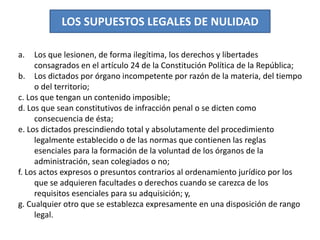 LOS SUPUESTOS LEGALES DE NULIDAD
a. Los que lesionen, de forma ilegítima, los derechos y libertades
consagrados en el artículo 24 de la Constitución Política de la República;
b. Los dictados por órgano incompetente por razón de la materia, del tiempo
o del territorio;
c. Los que tengan un contenido imposible;
d. Los que sean constitutivos de infracción penal o se dicten como
consecuencia de ésta;
e. Los dictados prescindiendo total y absolutamente del procedimiento
legalmente establecido o de las normas que contienen las reglas
esenciales para la formación de la voluntad de los órganos de la
administración, sean colegiados o no;
f. Los actos expresos o presuntos contrarios al ordenamiento jurídico por los
que se adquieren facultades o derechos cuando se carezca de los
requisitos esenciales para su adquisición; y,
g. Cualquier otro que se establezca expresamente en una disposición de rango
legal.
 