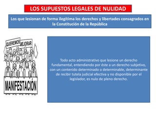 LOS SUPUESTOS LEGALES DE NULIDAD
Los que lesionan de forma ilegítima los derechos y libertades consagrados en
la Constitución de la República
Todo acto administrativo que lesione un derecho
fundamental, entendiendo por éste a un derecho subjetivo,
con un contenido determinado o determinable, determinante
de recibir tutela judicial efectiva y no disponible por el
legislador, es nulo de pleno derecho.
 