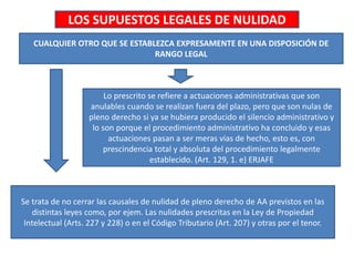 LOS SUPUESTOS LEGALES DE NULIDAD
CUALQUIER OTRO QUE SE ESTABLEZCA EXPRESAMENTE EN UNA DISPOSICIÓN DE
RANGO LEGAL
Se trata de no cerrar las causales de nulidad de pleno derecho de AA previstos en las
distintas leyes como, por ejem. Las nulidades prescritas en la Ley de Propiedad
Intelectual (Arts. 227 y 228) o en el Código Tributario (Art. 207) y otras por el tenor.
Lo prescrito se refiere a actuaciones administrativas que son
anulables cuando se realizan fuera del plazo, pero que son nulas de
pleno derecho si ya se hubiera producido el silencio administrativo y
lo son porque el procedimiento administrativo ha concluido y esas
actuaciones pasan a ser meras vías de hecho, esto es, con
prescindencia total y absoluta del procedimiento legalmente
establecido. (Art. 129, 1. e) ERJAFE
 