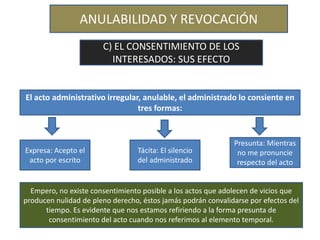 ANULABILIDAD Y REVOCACIÓN
C) EL CONSENTIMIENTO DE LOS
INTERESADOS: SUS EFECTO
El acto administrativo irregular, anulable, el administrado lo consiente en
tres formas:
Expresa: Acepto el
acto por escrito
Tácita: El silencio
del administrado
Presunta: Mientras
no me pronuncie
respecto del acto
Empero, no existe consentimiento posible a los actos que adolecen de vicios que
producen nulidad de pleno derecho, éstos jamás podrán convalidarse por efectos del
tiempo. Es evidente que nos estamos refiriendo a la forma presunta de
consentimiento del acto cuando nos referimos al elemento temporal.
 