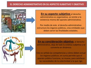 En su aspecto subjetivo el derecho
administrativo es organizativo, se remite a la
existencia misma del aparato administrativo.
Por medio de este el derecho administrativo
estructura los órganos públicos, crea entidades que
deben servir las finalidades estatales.
En su consideración objetiva, el derecho
administrativo, deja de lado la estática subjetiva y se
convierte en dinámico.
Esto es señala las competencias y cómo deben actuar
los órganos públicos; en suma permite que el
aparato público funcione, se mueva, para satisfacer
las necesidades de la colectividad a la que rige.
EL DERECHO ADMINISTRATIVO EN SU ASPECTO SUBJETIVO Y OBJETIVO
 