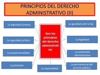 PRINCIPIOS DEL DERECHO
ADMINISTRATIVO (II)
Son los
principios
del derecho
administrati
vo:
La dignidad humana
La seguridad jurídica
La proporcionalidad
La jerarquía
La especialidad
La permanencia del
servicio público
La autotutela
administrativa
La legalidad
La igualdad ante la ley
 