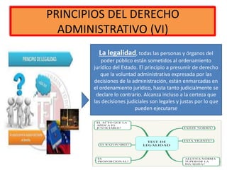 PRINCIPIOS DEL DERECHO
ADMINISTRATIVO (VI)
La legalidad, todas las personas y órganos del
poder público están sometidos al ordenamiento
jurídico del Estado. El principio a presumir de derecho
que la voluntad administrativa expresada por las
decisiones de la administración, están enmarcadas en
el ordenamiento jurídico, hasta tanto judicialmente se
declare lo contrario. Alcanza incluso a la certeza que
las decisiones judiciales son legales y justas por lo que
pueden ejecutarse
 