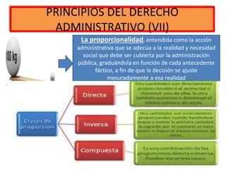 PRINCIPIOS DEL DERECHO
ADMINISTRATIVO (VII)
La proporcionalidad, entendida como la acción
administrativa que se adecúa a la realidad y necesidad
social que debe ser cubierta por la administración
pública, graduándola en función de cada antecedente
fáctico, a fin de que la decisión se ajuste
mesuradamente a esa realidad
 