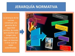 JERARQUÍA NORMATIVA
La jerarquía de las
normas
constituye una
garantía de la
seguridad
jurídica, de modo
que aquellas que
tengan una
superioridad de
rigor, se imponen
a otras que les
están
subordinadas.
 
