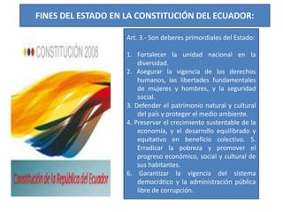 Art. 3.- Son deberes primordiales del Estado:
1. Fortalecer la unidad nacional en la
diversidad.
2. Asegurar la vigencia de los derechos
humanos, las libertades fundamentales
de mujeres y hombres, y la seguridad
social.
3. Defender el patrimonio natural y cultural
del país y proteger el medio ambiente.
4. Preservar el crecimiento sustentable de la
economía, y el desarrollo equilibrado y
equitativo en beneficio colectivo. 5.
Erradicar la pobreza y promover el
progreso económico, social y cultural de
sus habitantes.
6. Garantizar la vigencia del sistema
democrático y la administración pública
libre de corrupción.
FINES DEL ESTADO EN LA CONSTITUCIÓN DEL ECUADOR:
 