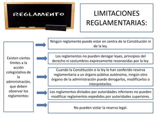 LIMITACIONES
REGLAMENTARIAS:
Existen ciertos
límites a la
acción
colegislativa de
la
administración,
que deben
observar los
reglamentos:
Ningún reglamento puede estar en contra de la Constitución ni
de la ley.
Los reglamentos no pueden derogar leyes, principios del
derecho ni costumbres expresamente reconocidas por la ley.
Cuando la Constitución o la ley le han conferido reserva
reglamentaria a un órgano público autónomo, ningún otro
órgano de la administración puede derogarlos, modificarlos o
interpretarlos.
Los reglamentos dictados por autoridades inferiores no pueden
modificar reglamentos expedidos por autoridades superiores.
No pueden violar la reserva legal.
 