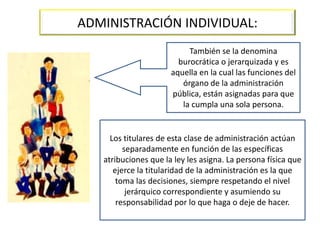 ADMINISTRACIÓN INDIVIDUAL:
También se la denomina
burocrática o jerarquizada y es
aquella en la cual las funciones del
órgano de la administración
pública, están asignadas para que
la cumpla una sola persona.
Los titulares de esta clase de administración actúan
separadamente en función de las específicas
atribuciones que la ley les asigna. La persona física que
ejerce la titularidad de la administración es la que
toma las decisiones, siempre respetando el nivel
jerárquico correspondiente y asumiendo su
responsabilidad por lo que haga o deje de hacer.
 